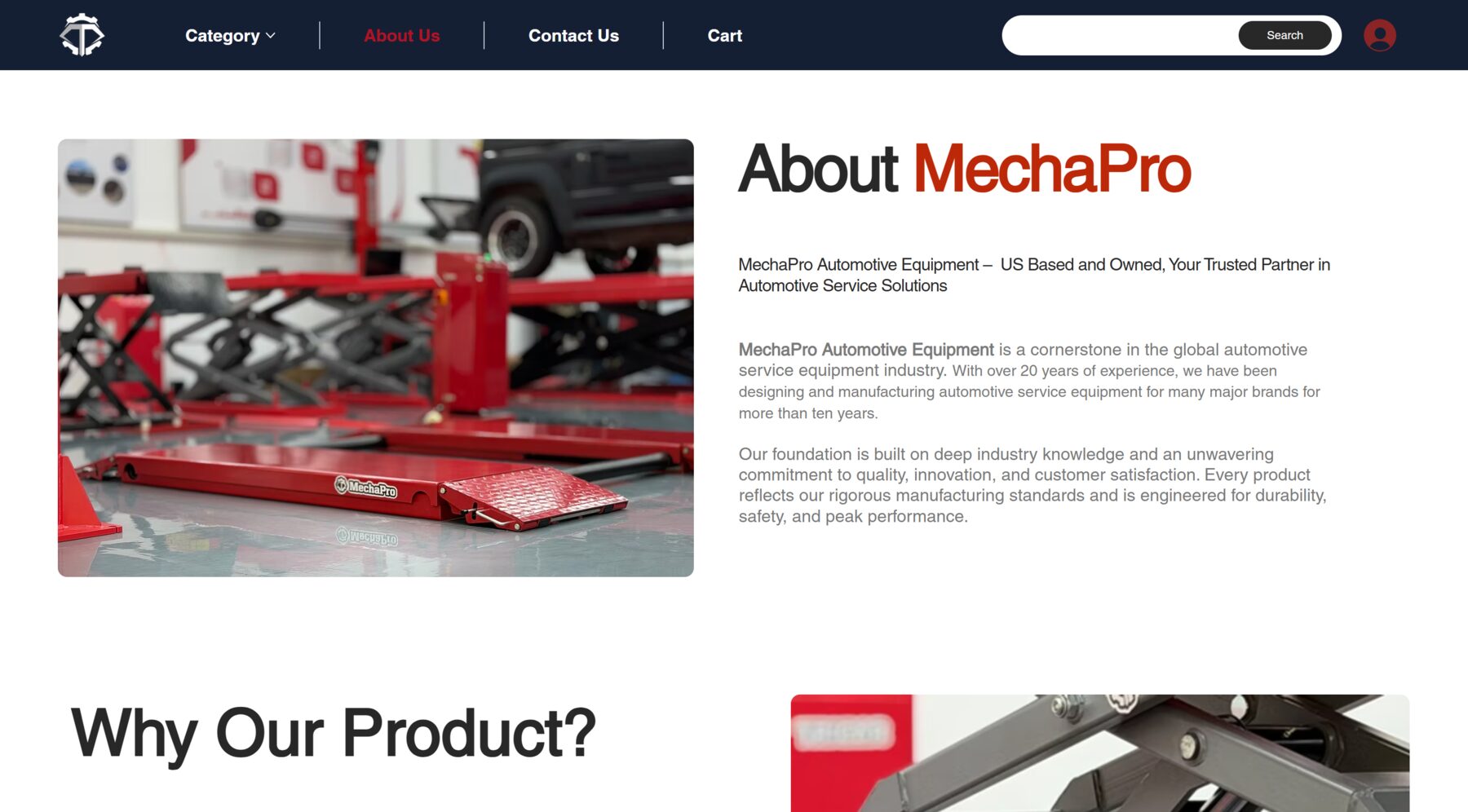 MechaPro About Us page — workshop photo, brand story about 10+ years building equipment for trusted manufacturers