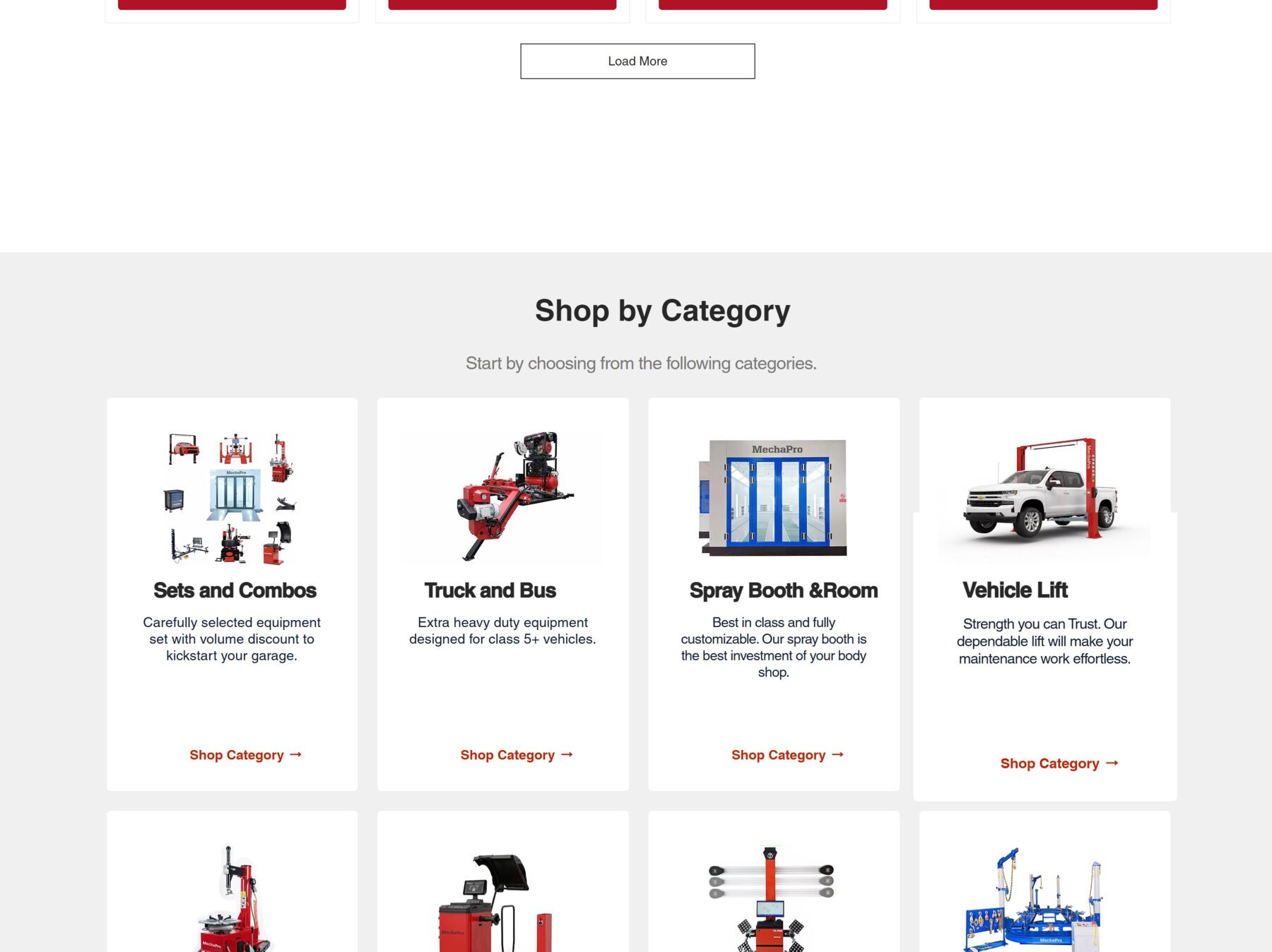 MechaPro Shop by Category section — 8 category cards: Sets & Combos, Truck and Bus, Spray Booth & Room, Vehicle Lift, Tire Changer, Wheel Balancer, Wheel Alignment, Body Repair