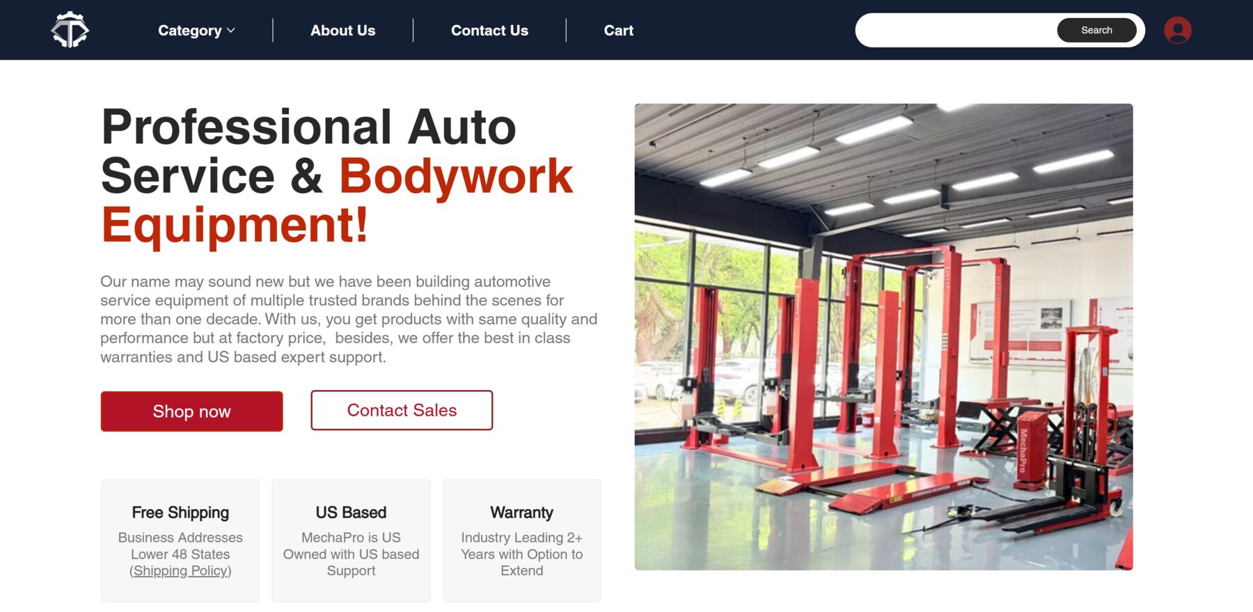 MechaPro homepage hero — Professional Auto Service & Bodywork Equipment, with real workshop photo showing red vehicle lifts