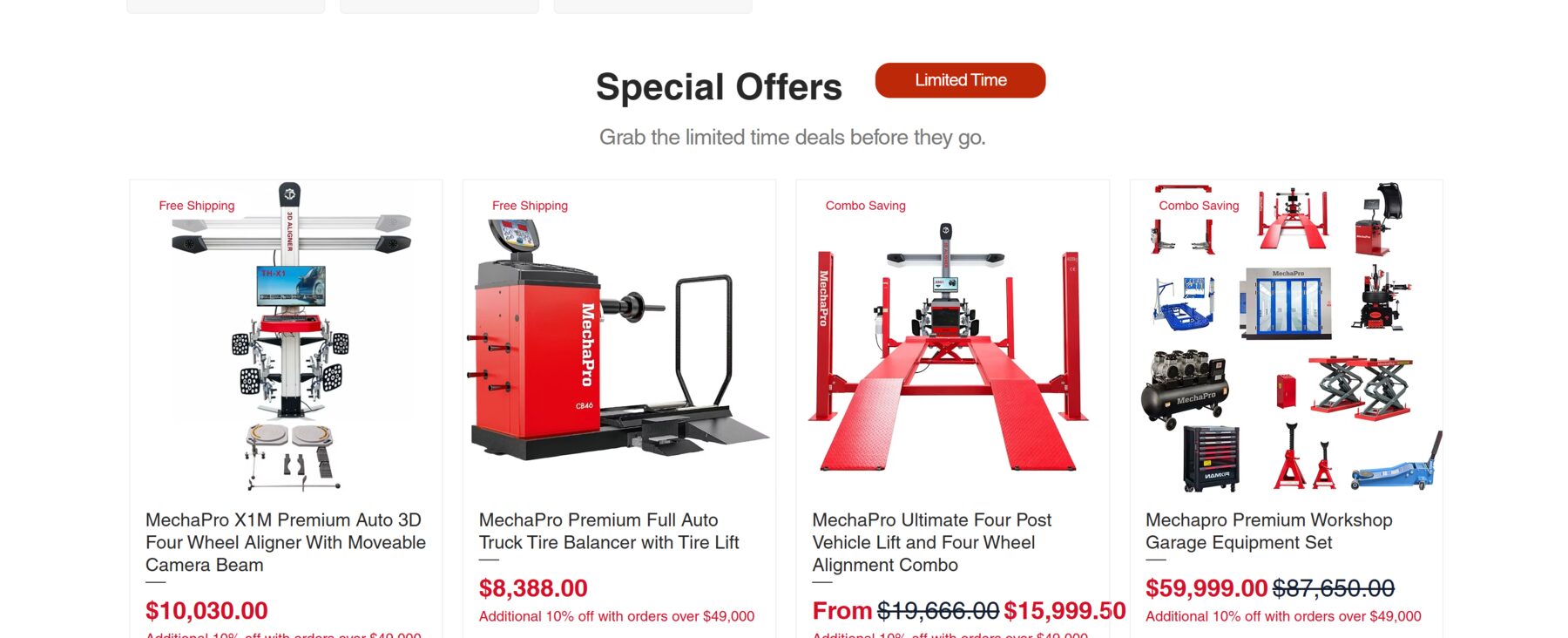 MechaPro Special Offers section — four featured product cards with prices ranging from $8,388 to $59,999, combo savings called out