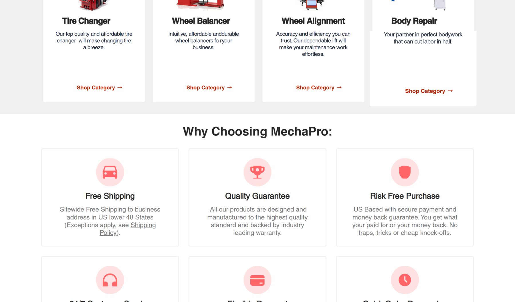 Why Choosing MechaPro section — 6 reassurance icons: Free Shipping, Quality Guarantee, Risk-Free Purchase, 24/7 Customer Service, Flexible Payment, Quick Order Processing