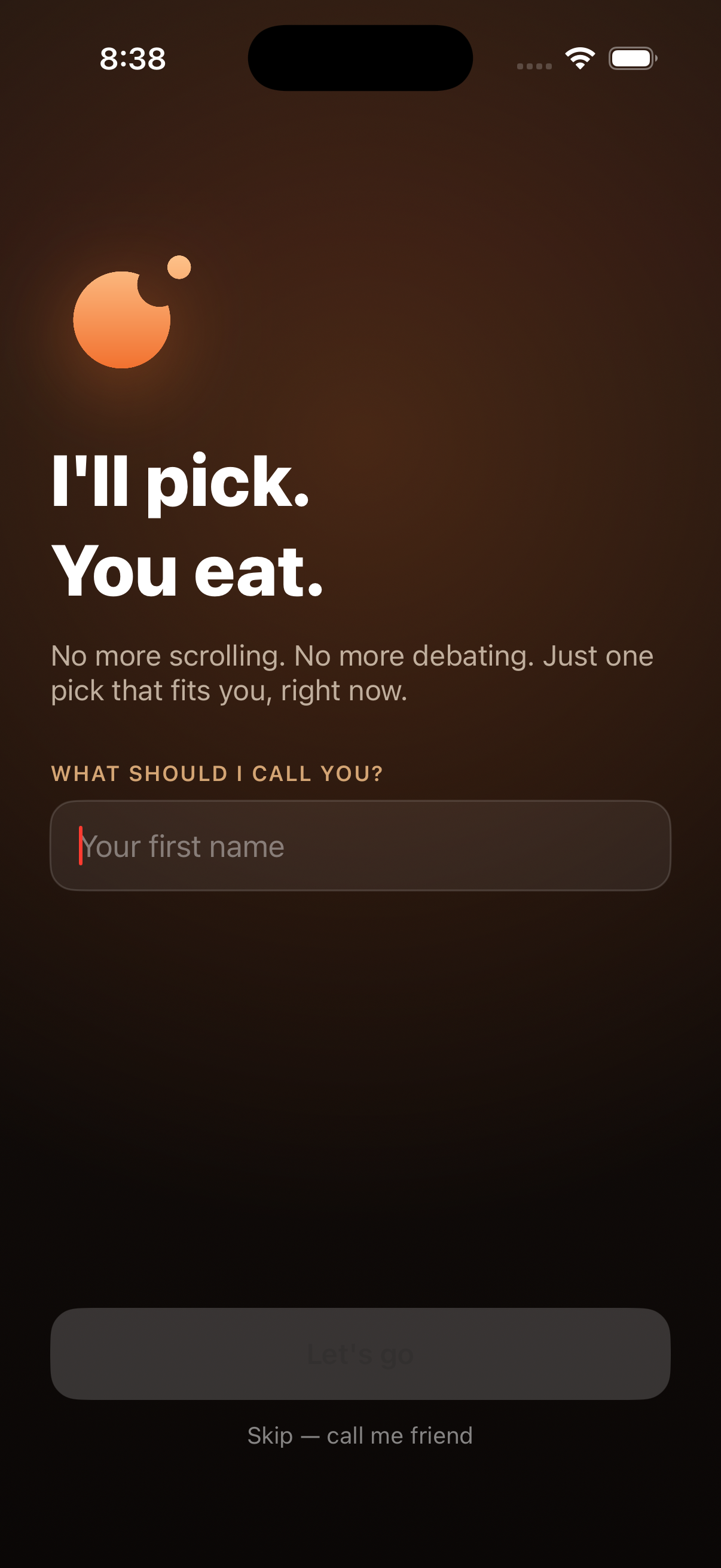 Bitez welcome screen — I'll pick. You eat.