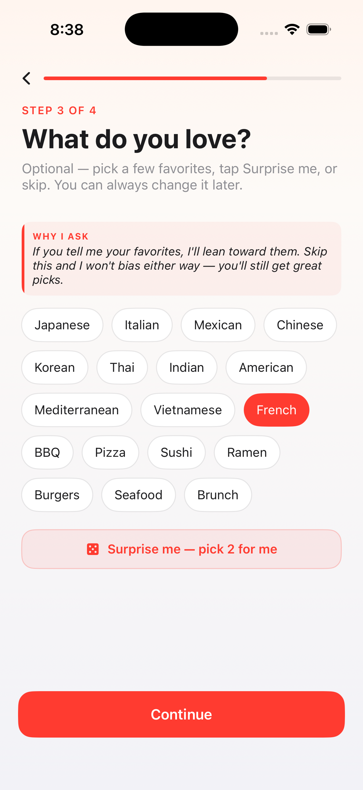 Bitez onboarding step 3 — cuisine preferences with Surprise me button