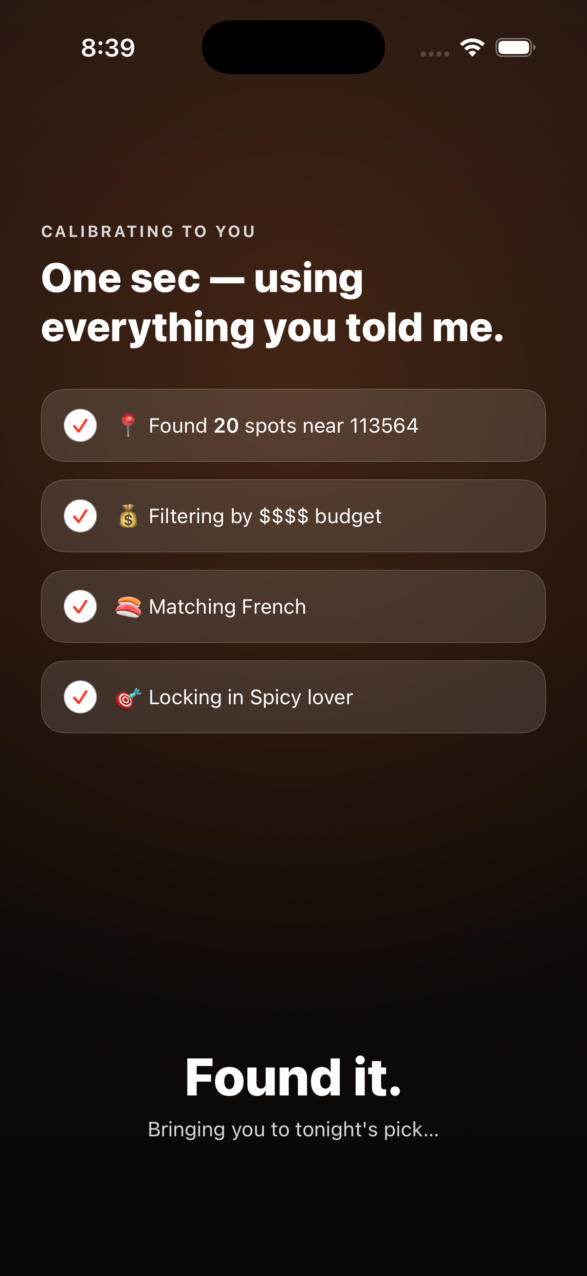 Bitez calibration screen — Found 20 spots near 113564, Filtering by $$$$ budget, Matching French, Locking in Spicy lover