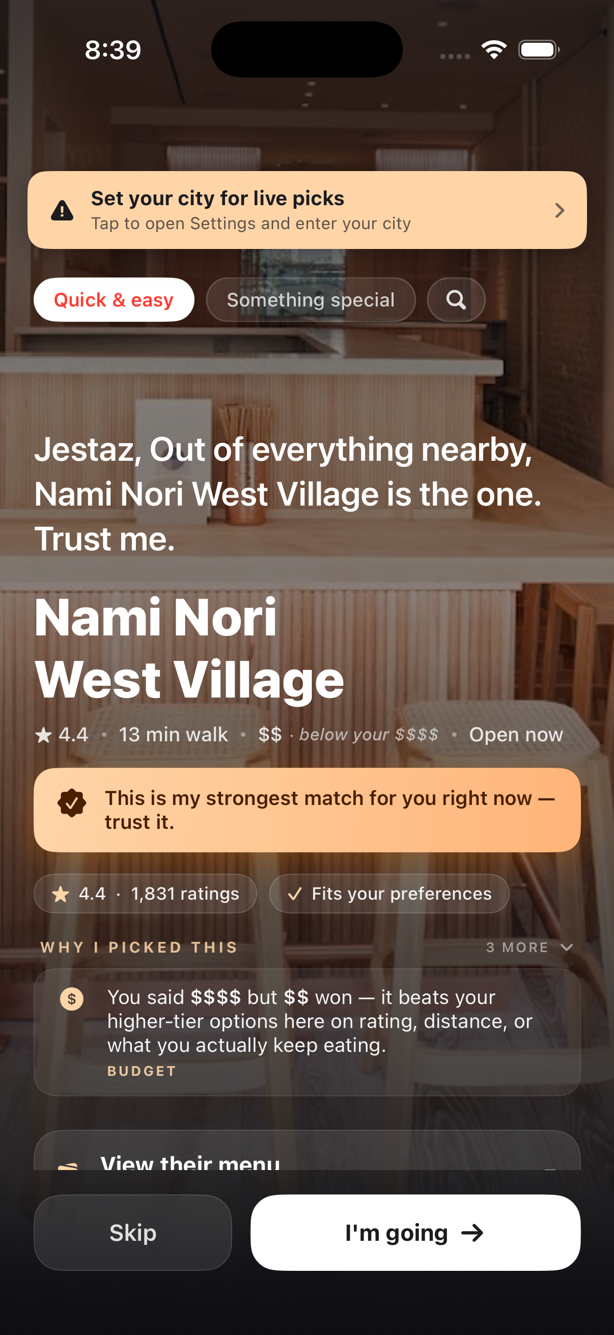 Bitez pick view — Nami Nori West Village, friend-voice narration above, budget honesty fact below explaining why $$ won when user said $$$$