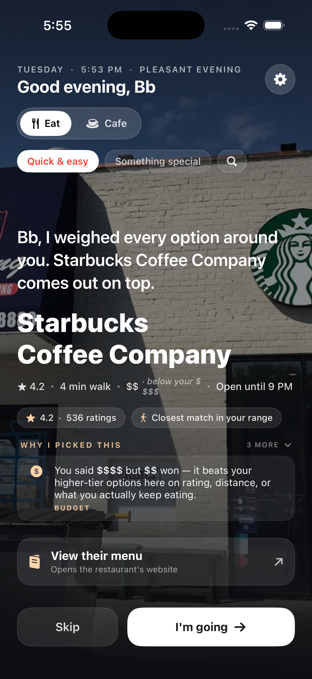 Starbucks Coffee Company appearing in Eat mode — pre-fix