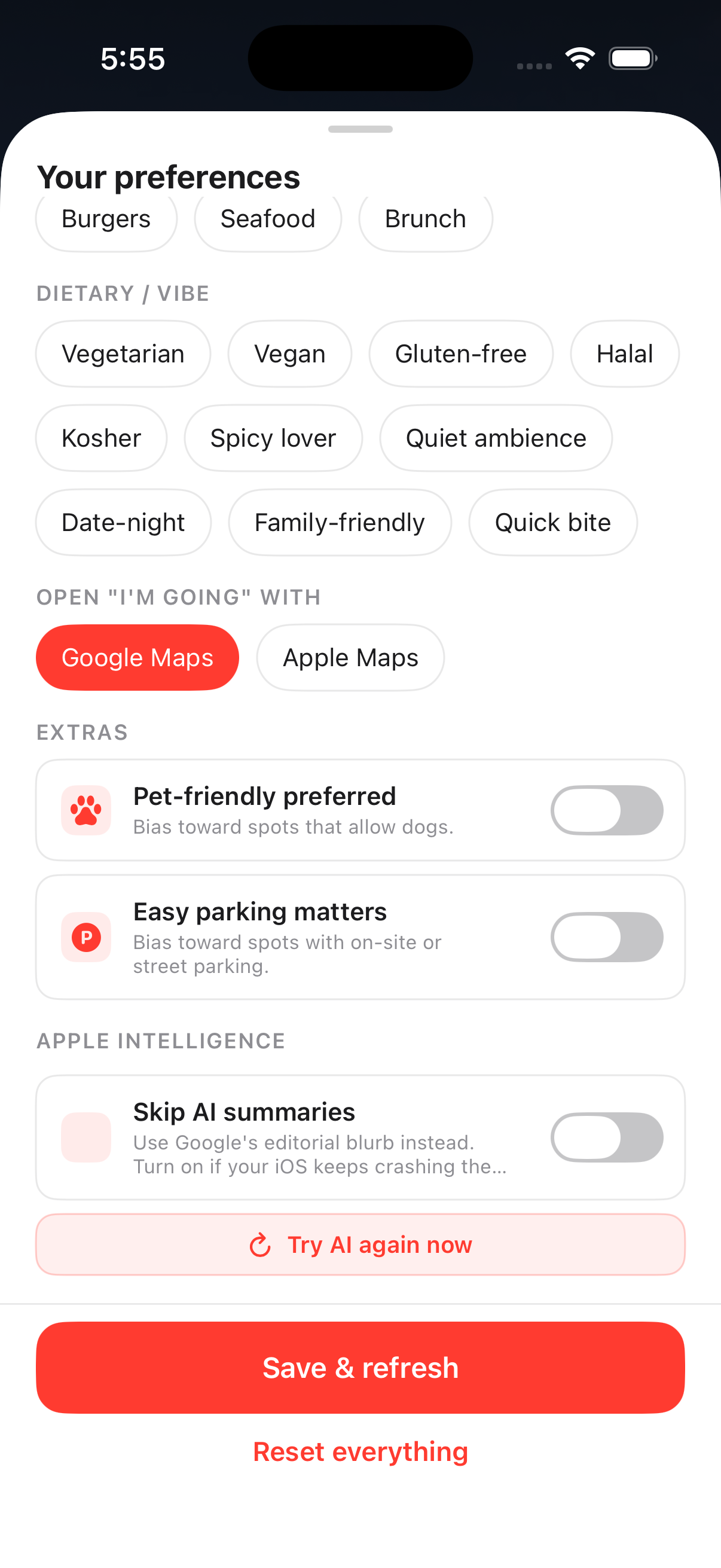 Settings screen showing Skip AI summaries toggle and Try AI again now button