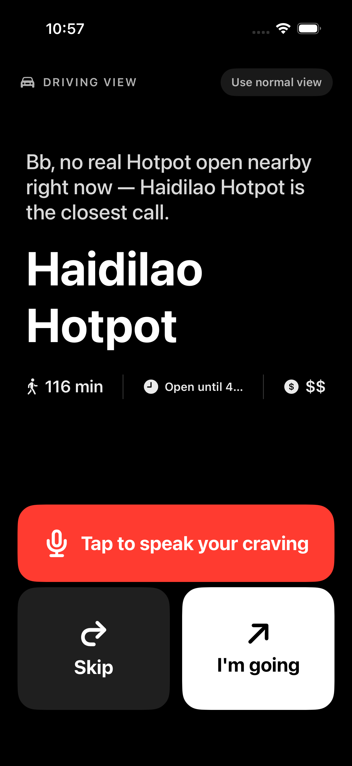 Bitez driving mode — black background, 54pt restaurant name, big skip / I'm going buttons, voice mic