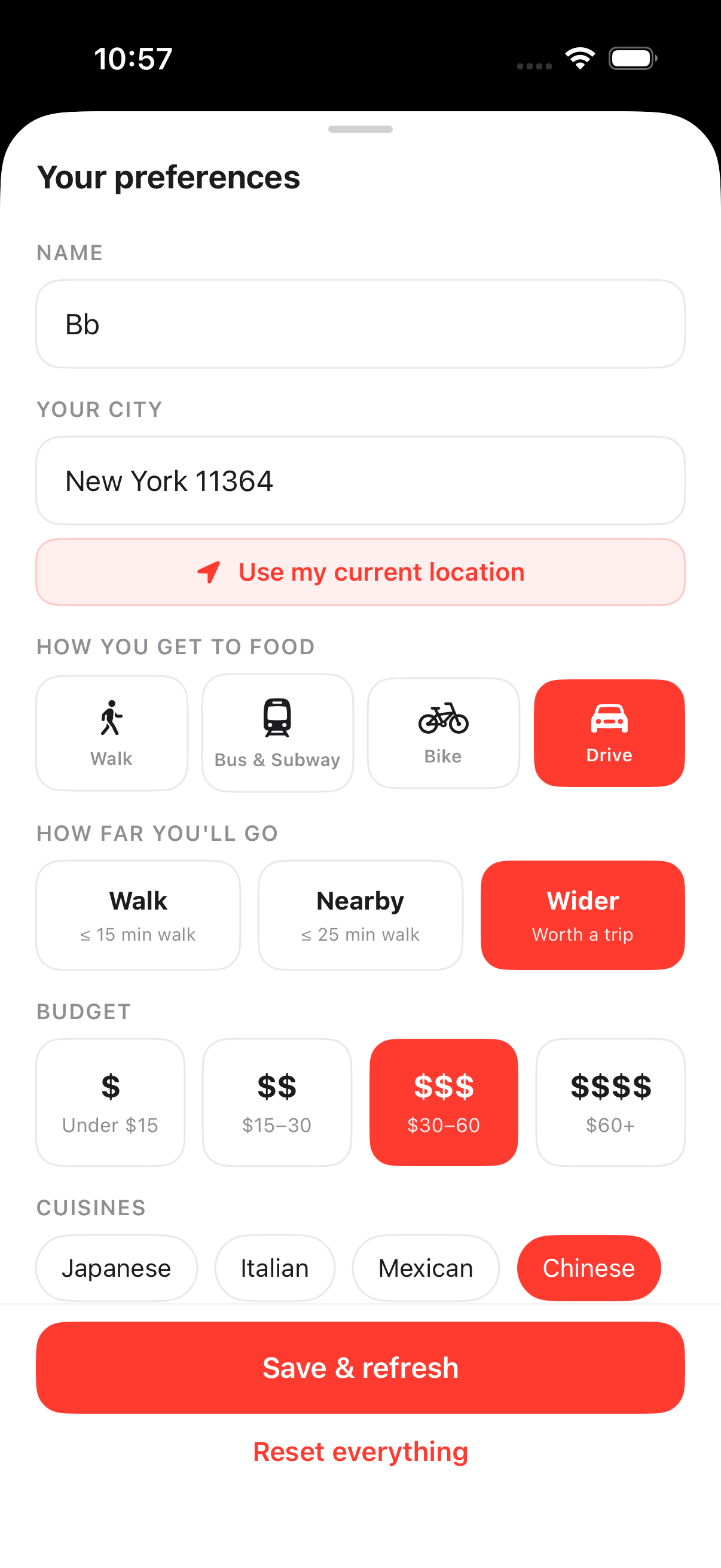 Bitez Settings — 4-tab travel mode picker Walk / Bus & Subway / Bike / Drive with Drive selected