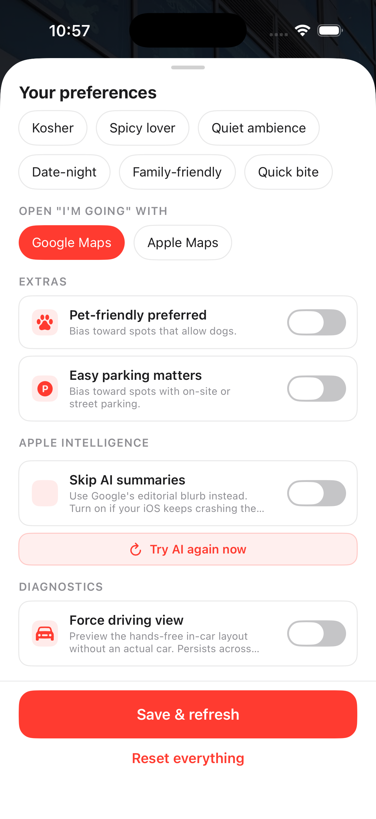 Bitez Settings extras — Pet-friendly preferred, Easy parking matters, Skip AI summaries, Try AI again now, Force driving view diagnostic