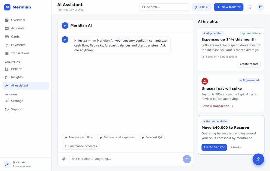 AI Assistant — asking the 4-agent copilot, agents shown as tags