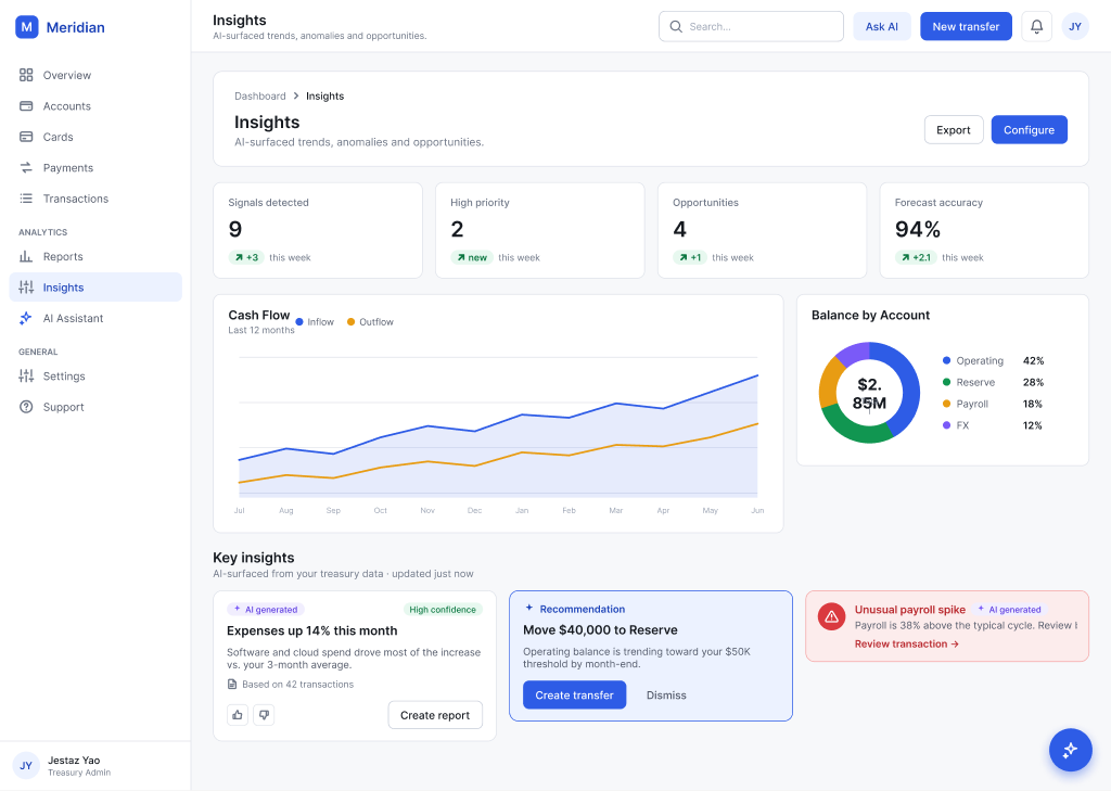 Meridian — treasury design system dashboard