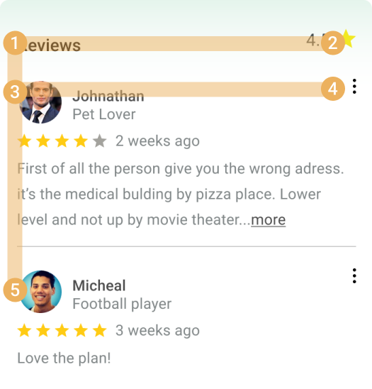 Gather — F-pattern user profile with reviews + facial recognition badge