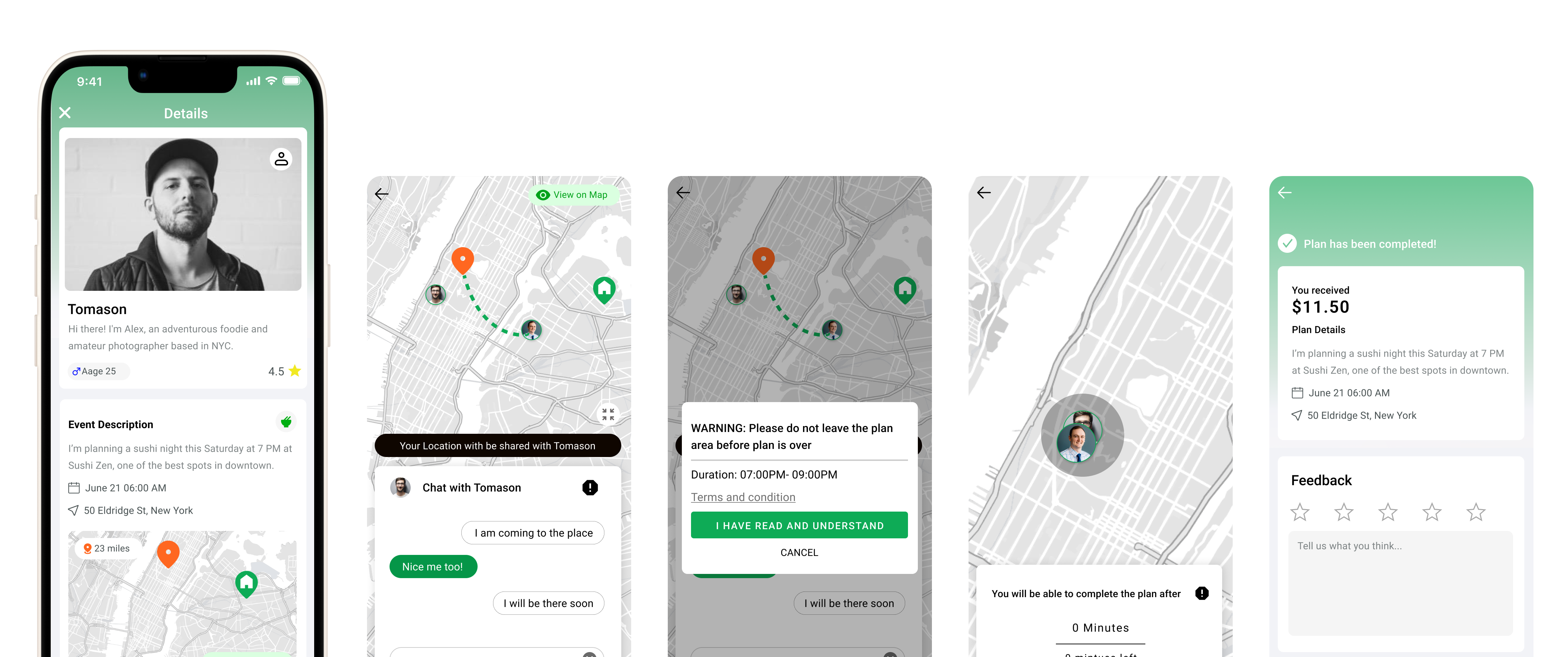 Gather — active plan with shake-your-head identity verification + sequence of plan-status screens