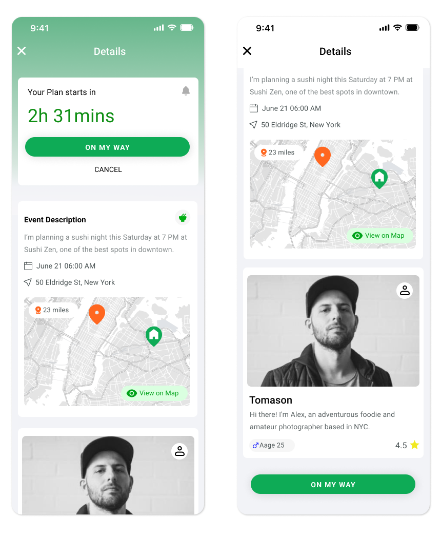 Gather — plan participation · countdown timer + map + ON MY WAY CTA