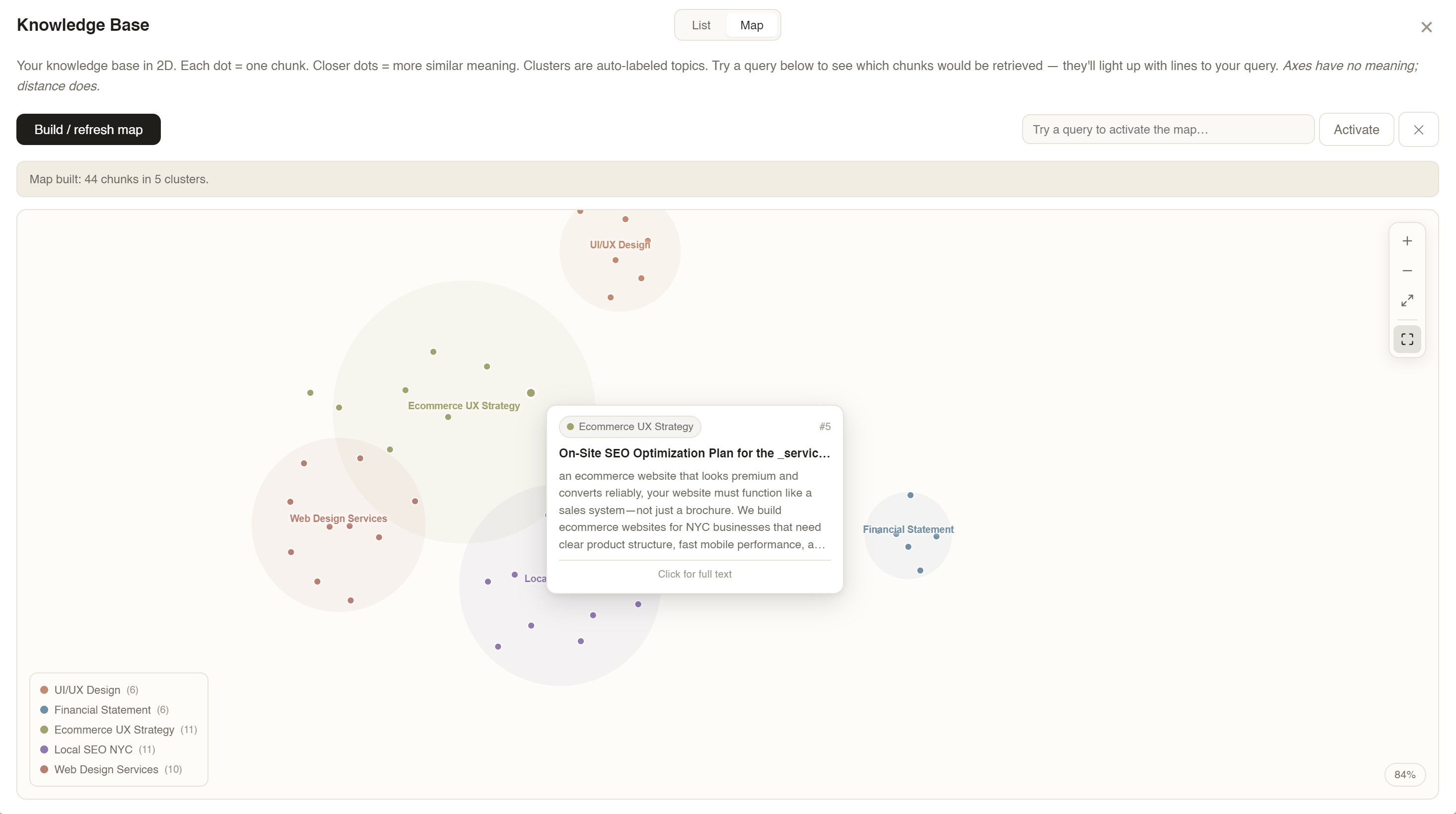 LocalRAGVisualMapSystem — main app view with chat, sidebar, and 2D knowledge map