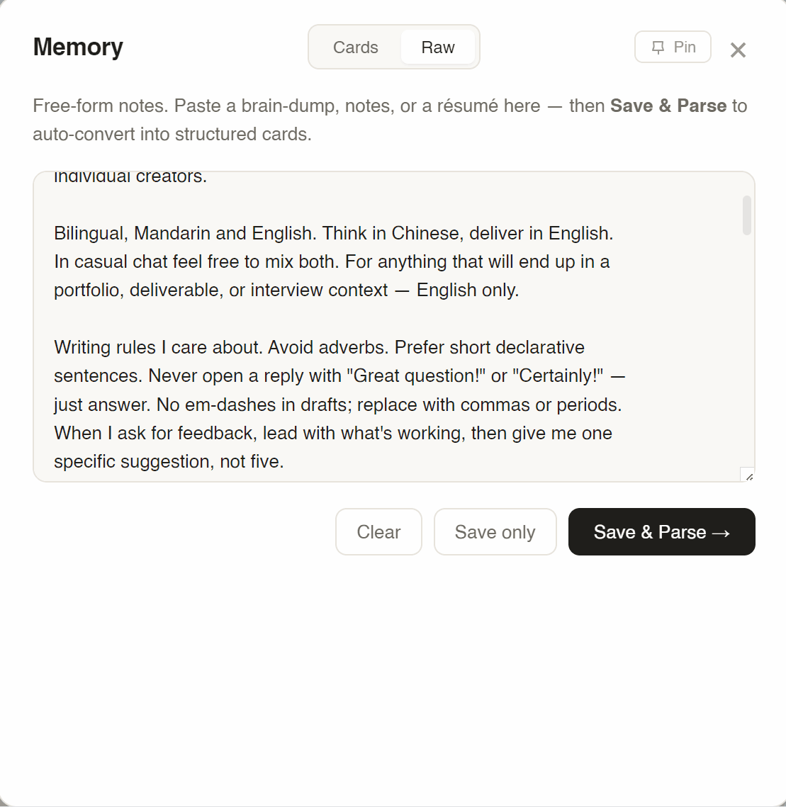 Memory Cards — typed, toggleable deck