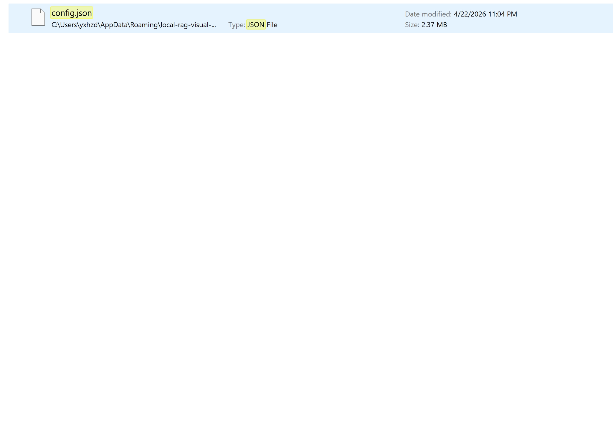 Local config.json shown in Windows Explorer — one deletable file holds all state